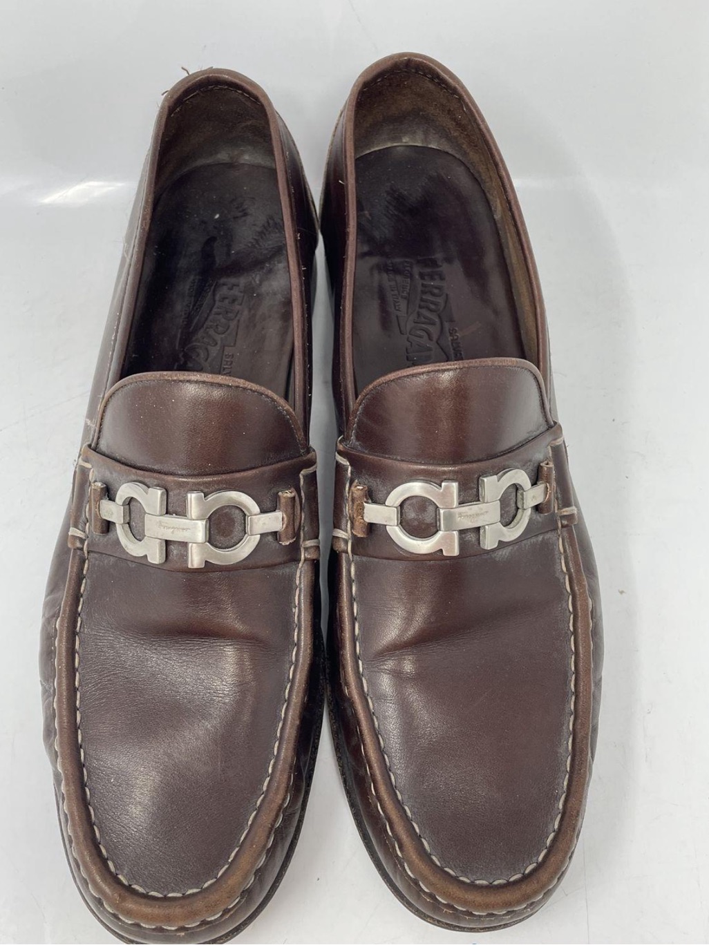 Menâs Salvatore Ferragamo Dark Brown Leather Silver Bit Slip-On Loafers 10.5d